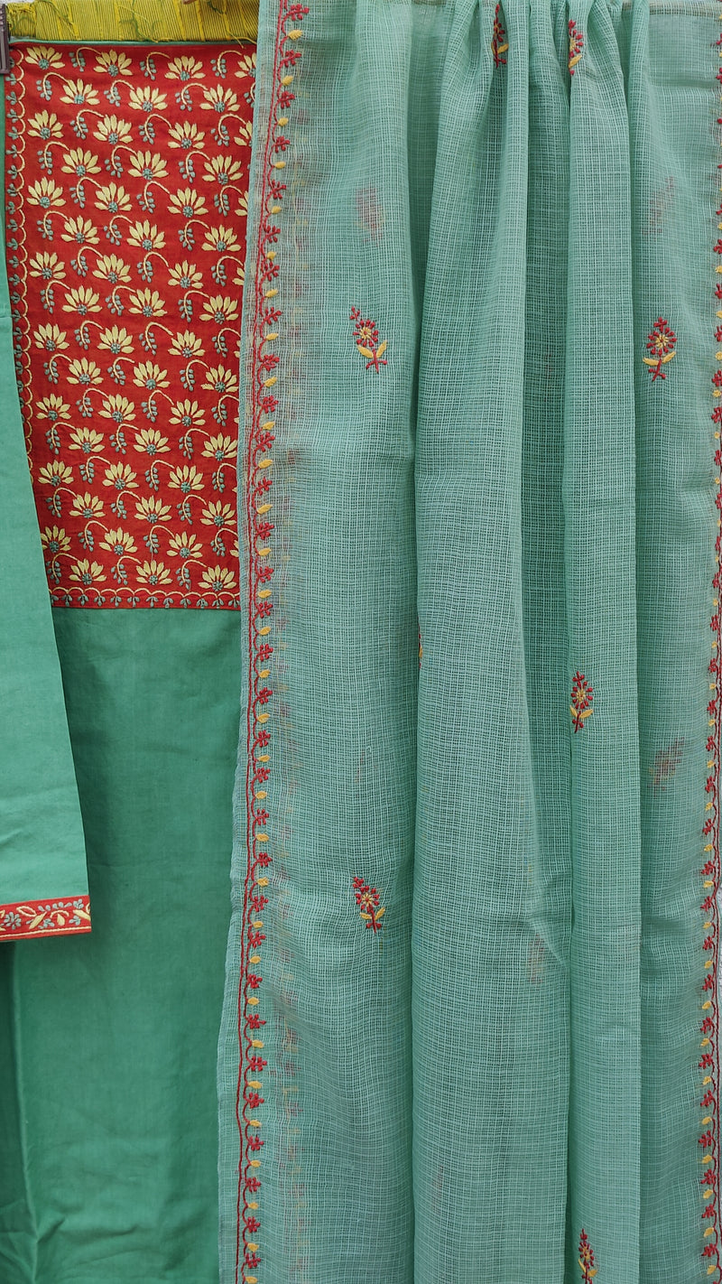 EMRALD GREEN IKKAT WEAVE KURTA WITH CHIKANKARI - LIGHT GREEN KOTA DUPATTA