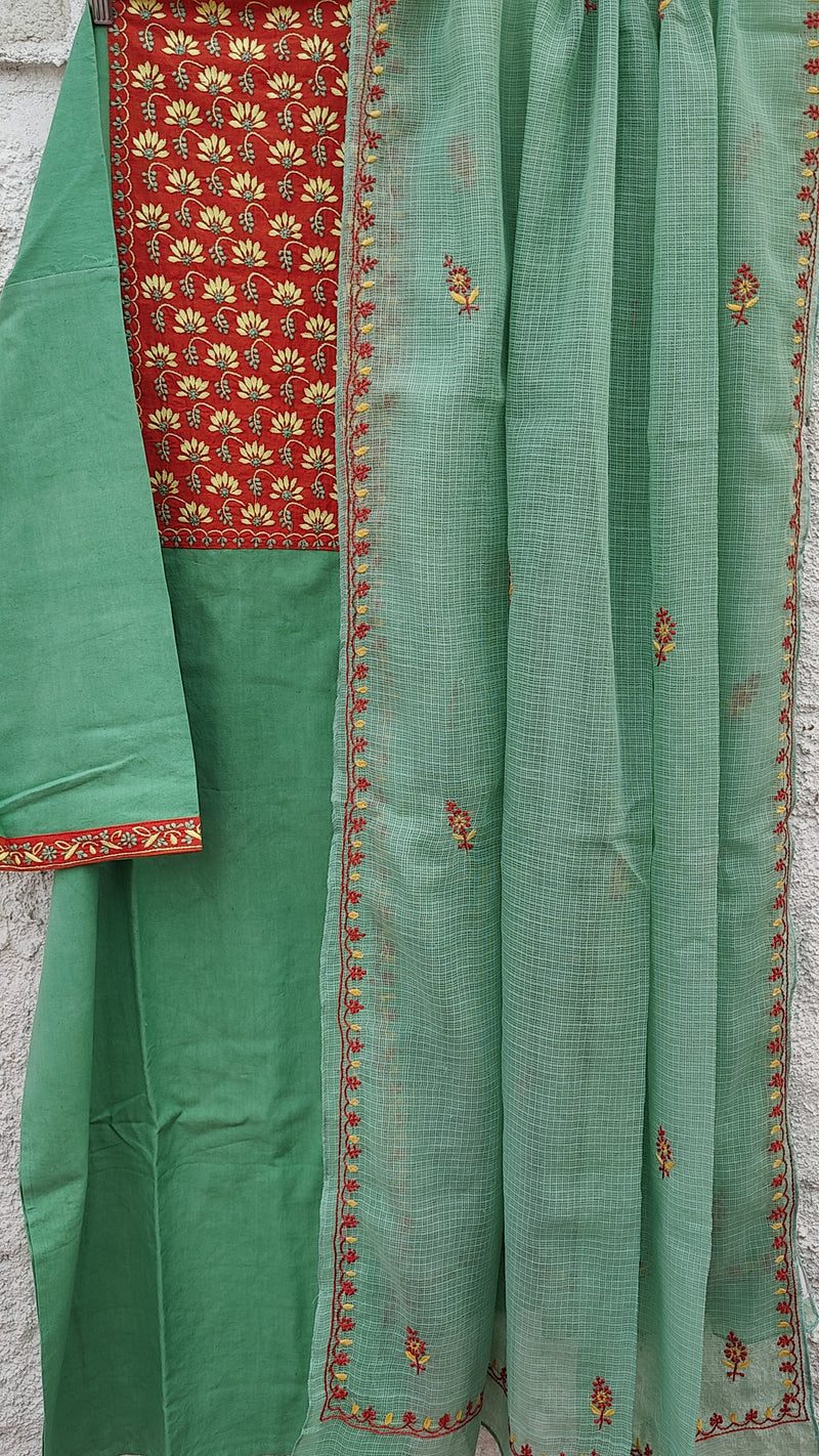 EMRALD GREEN IKKAT WEAVE KURTA WITH CHIKANKARI - LIGHT GREEN KOTA DUPATTA