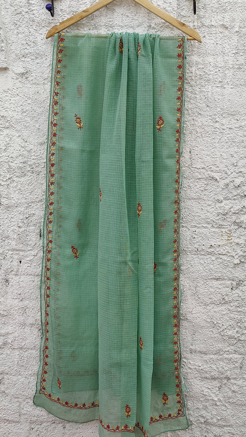 EMRALD GREEN IKKAT WEAVE KURTA WITH CHIKANKARI - LIGHT GREEN KOTA DUPATTA