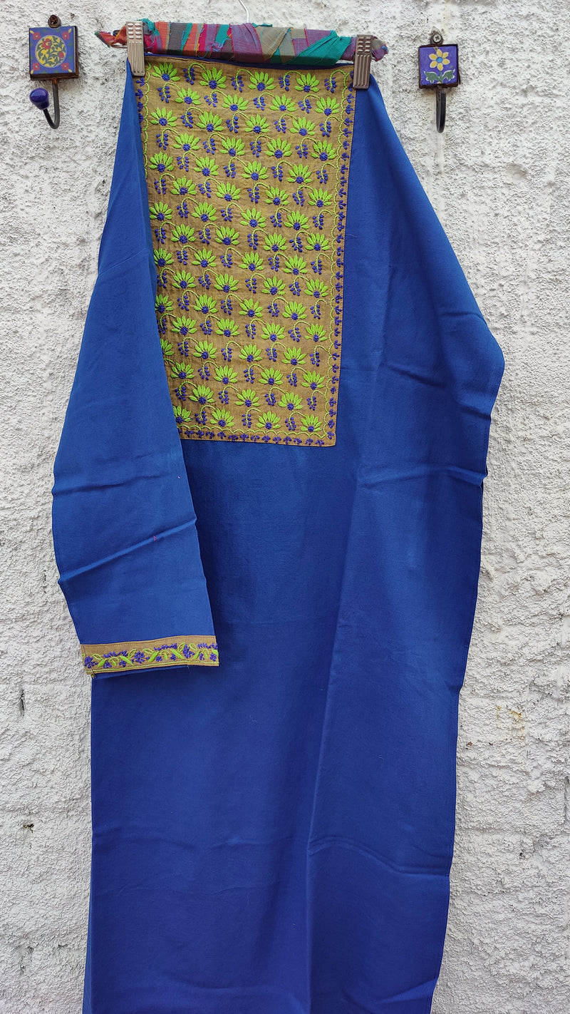 ADMIRAL BLUE IKKAT WEAVE KURTA WITH CHIKANKARI -  BEIGE KOTA DUPATTA