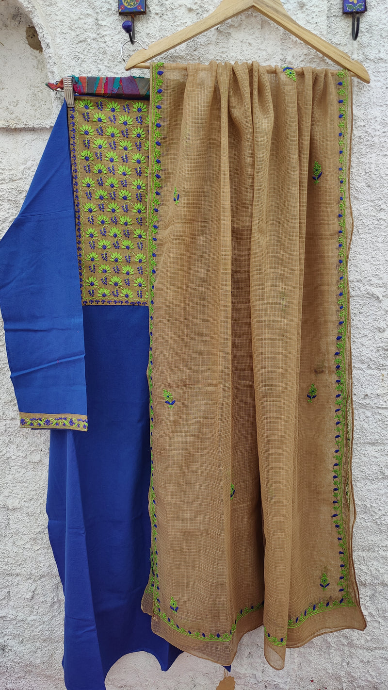 ADMIRAL BLUE IKKAT WEAVE KURTA WITH CHIKANKARI -  BEIGE KOTA DUPATTA