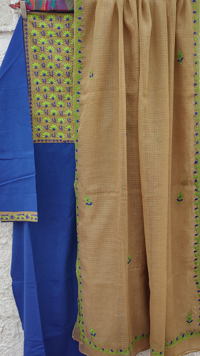 ADMIRAL BLUE IKKAT WEAVE KURTA WITH CHIKANKARI -  BEIGE KOTA DUPATTA