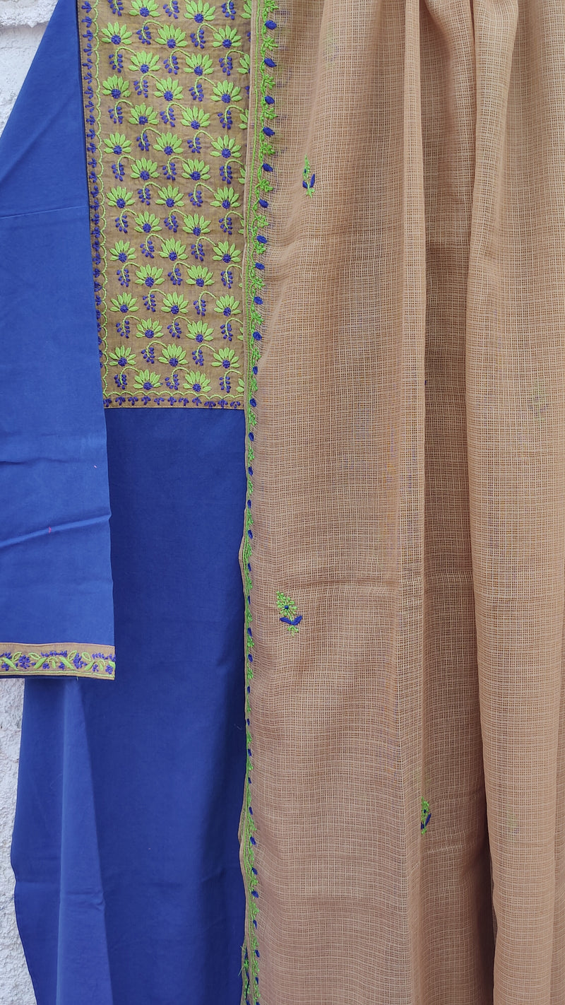 ADMIRAL BLUE IKKAT WEAVE KURTA WITH CHIKANKARI -  BEIGE KOTA DUPATTA