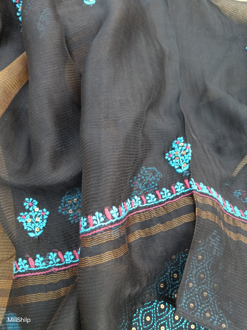 STEEL BLUE MAHESHWARI BAGH PRINT CHIKANKARI KURTA - DUPATTA