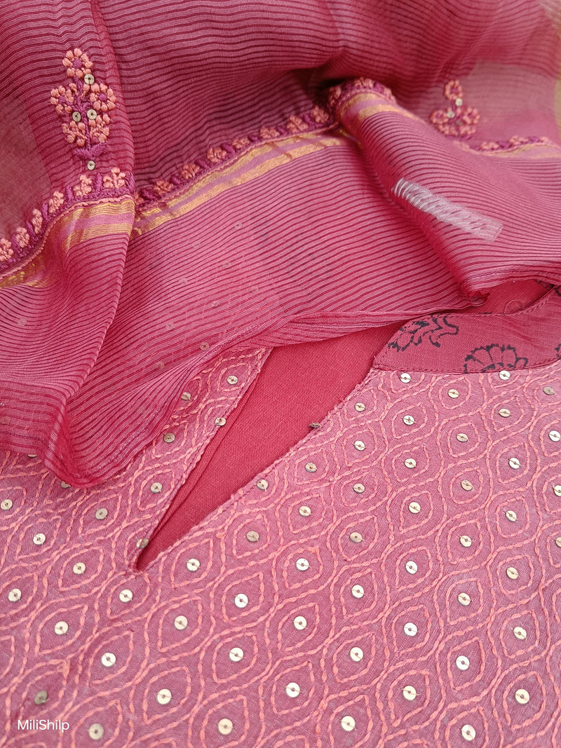 MAHOGANY RED MAHESHWARI BAGH PRINT CHIKANKARI KURTA - DUPATTA