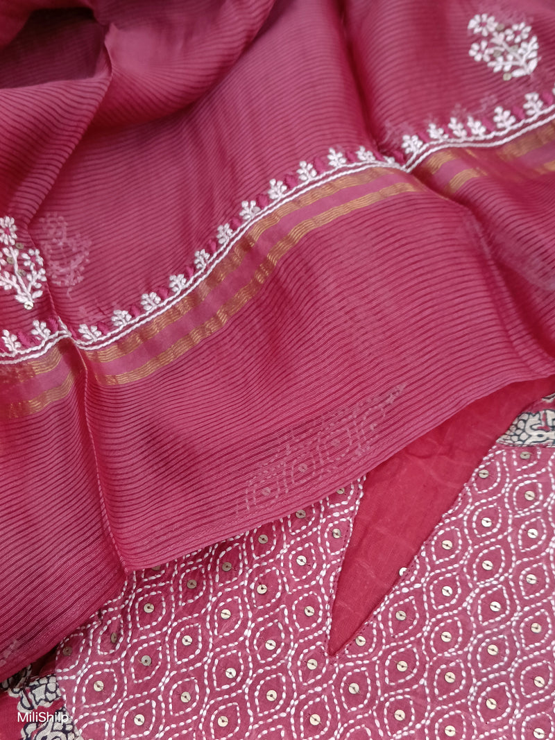 MAROON MAHESHWARI BAGH PRINT CHIKANKARI KURTA - DUPATTA