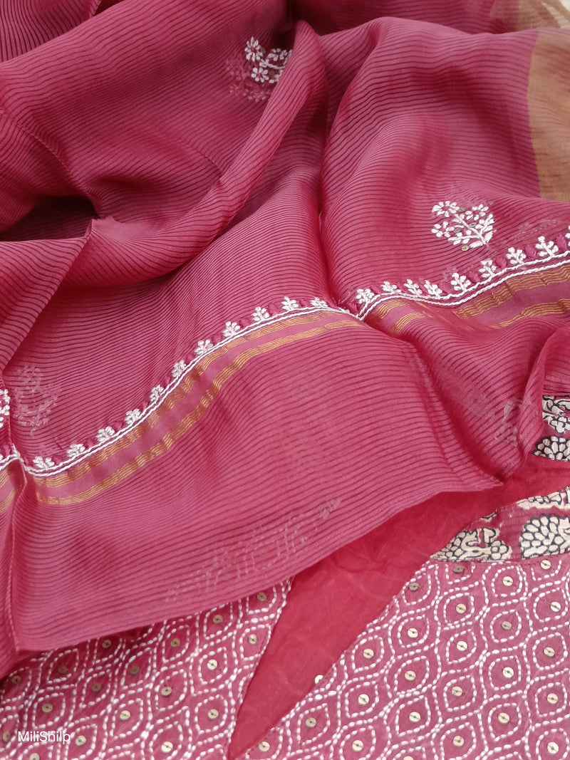 MAROON MAHESHWARI BAGH PRINT CHIKANKARI KURTA - DUPATTA