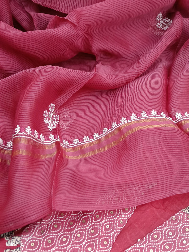 MAROON MAHESHWARI BAGH PRINT CHIKANKARI KURTA - DUPATTA