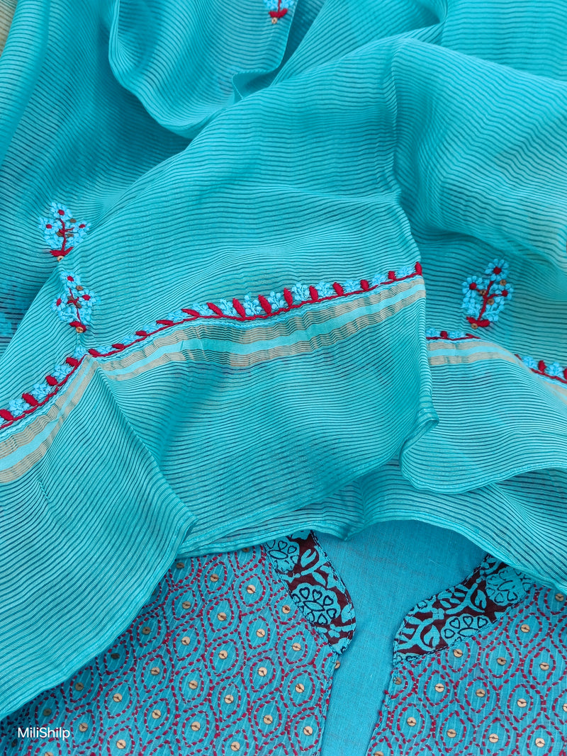 TURKISH BLUE MAHESHWARI BAGH PRINT CHIKANKARI KURTA - DUPATTA