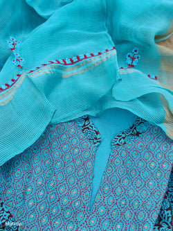 TURKISH BLUE MAHESHWARI BAGH PRINT CHIKANKARI KURTA - DUPATTA