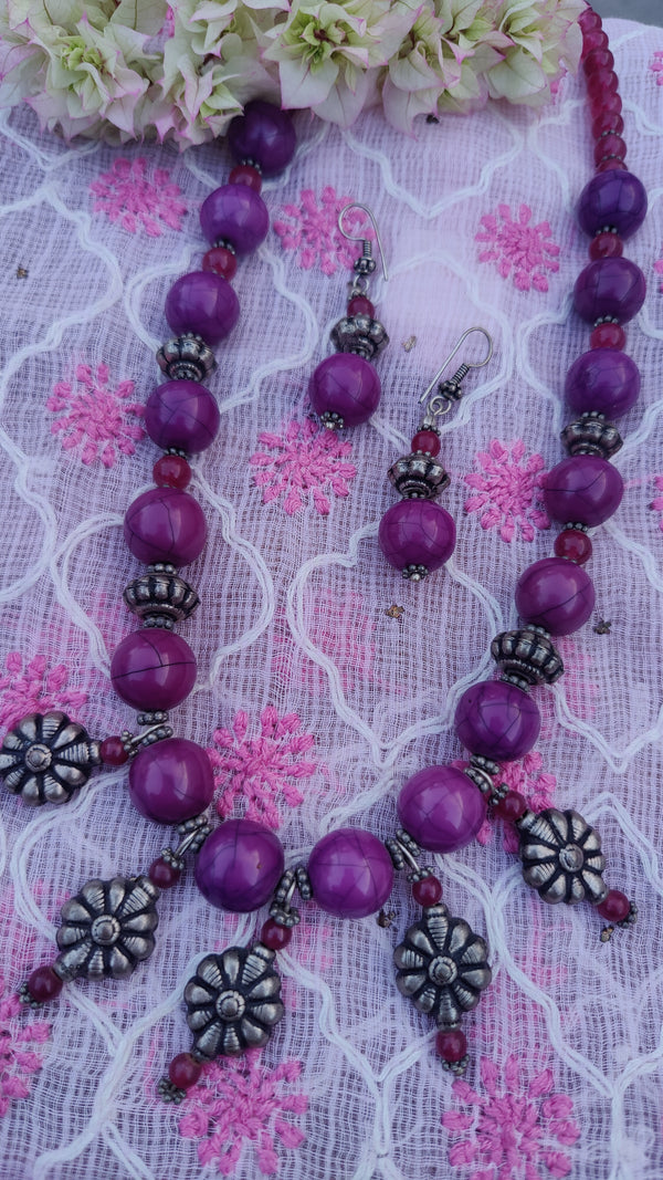 PURPLE-PINK BEADS WITH SILVER TONE SET WITH JHUMKI