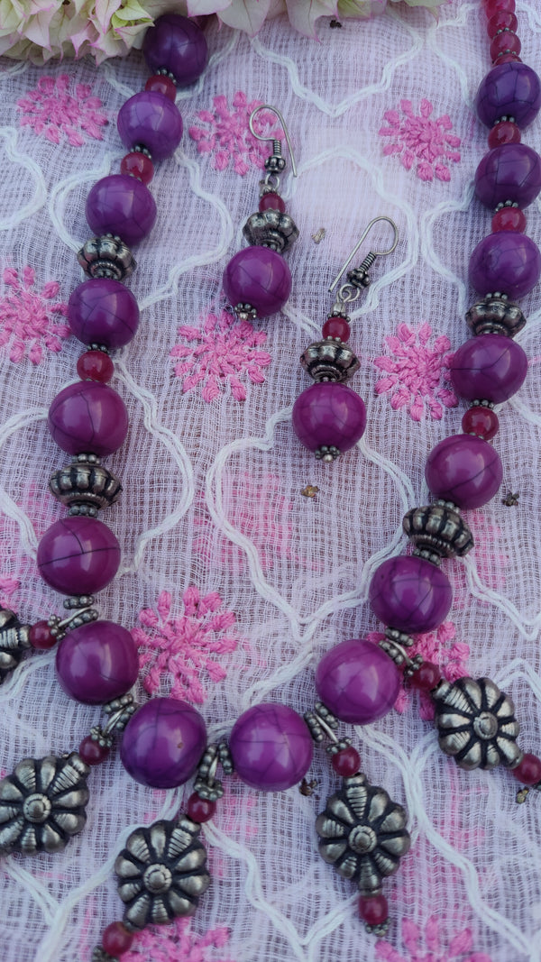PURPLE-PINK BEADS WITH SILVER TONE SET WITH JHUMKI