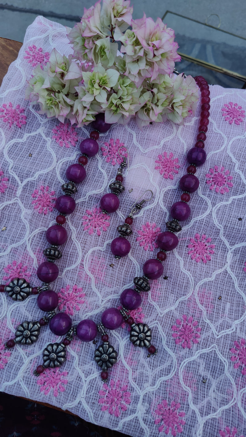 PURPLE-PINK BEADS WITH SILVER TONE SET WITH JHUMKI