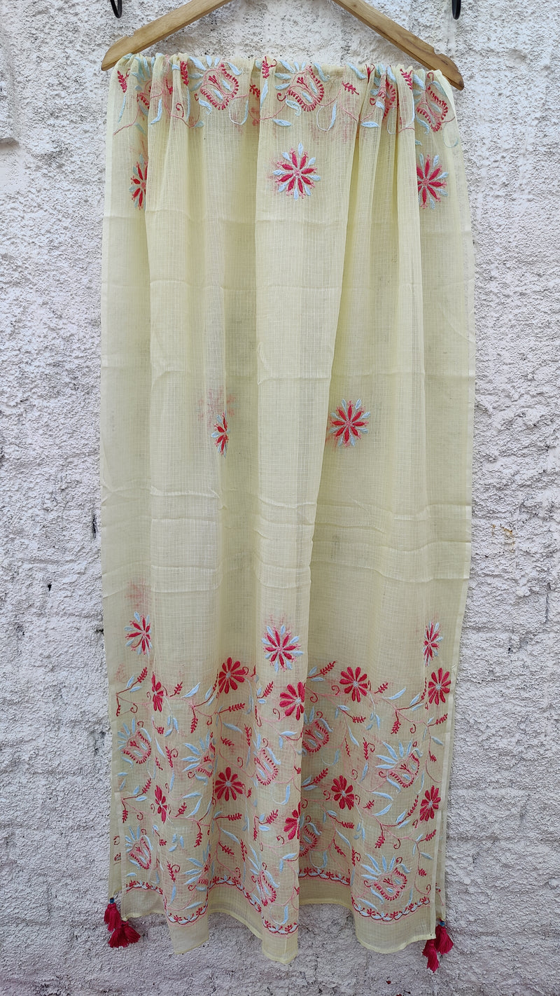 LEMON YELLOW KOTA DUPATTA WITH 'DO TAAR' CHIKANKARI