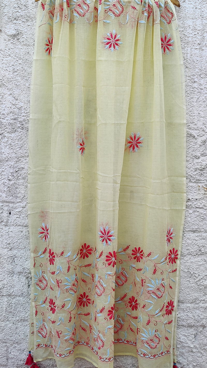 LEMON YELLOW KOTA DUPATTA WITH 'DO TAAR' CHIKANKARI