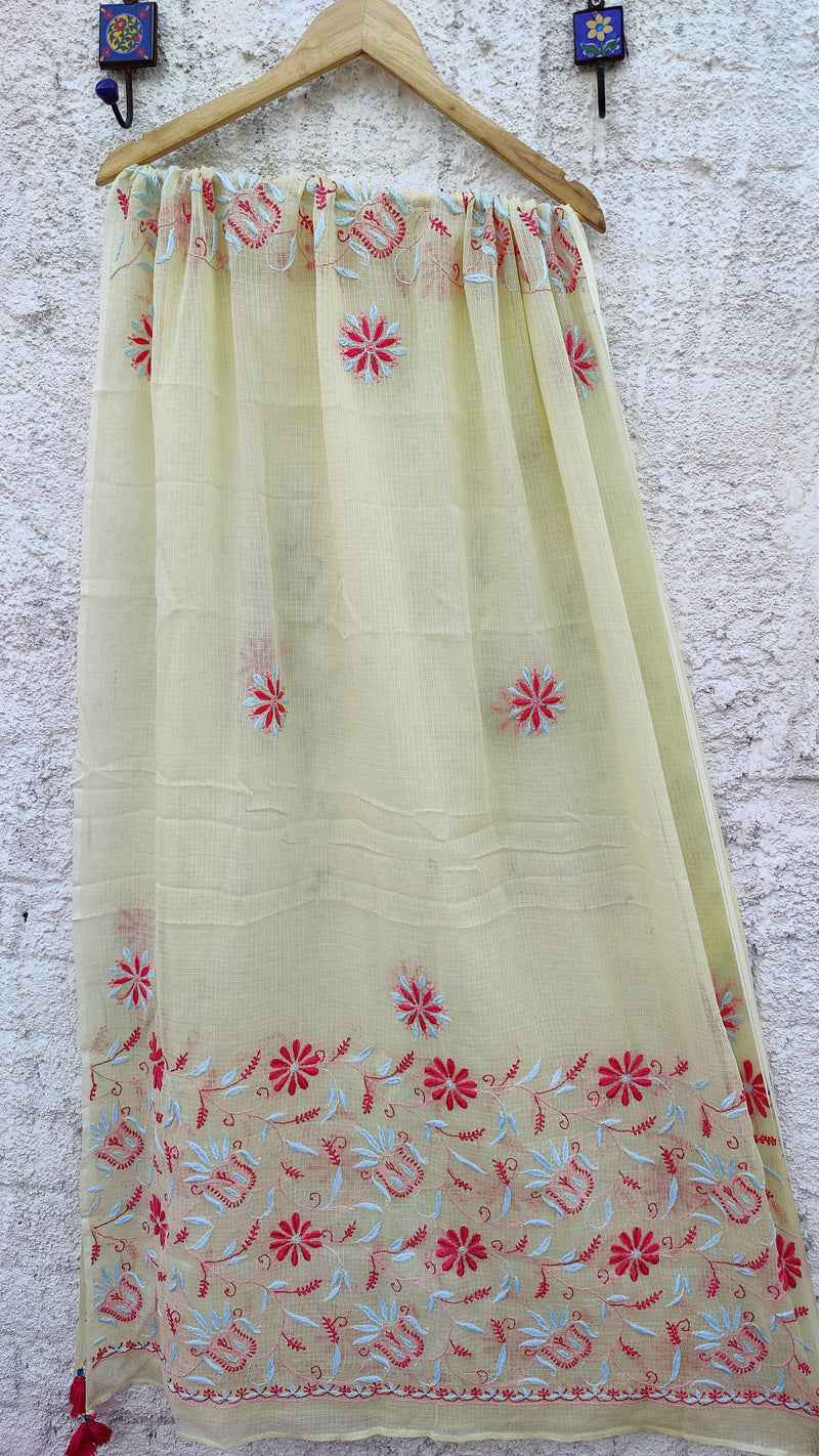 LEMON YELLOW KOTA DUPATTA WITH 'DO TAAR' CHIKANKARI