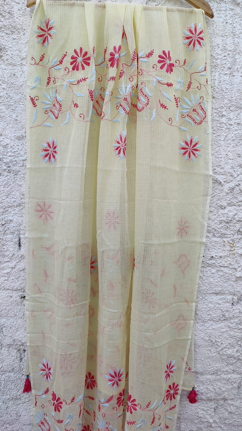 LEMON YELLOW KOTA DUPATTA WITH 'DO TAAR' CHIKANKARI