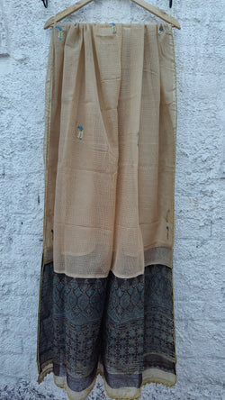 LIGHT BROWN KOTA DUPATTA WITH CHIKANKARI & AZRAK PALLA