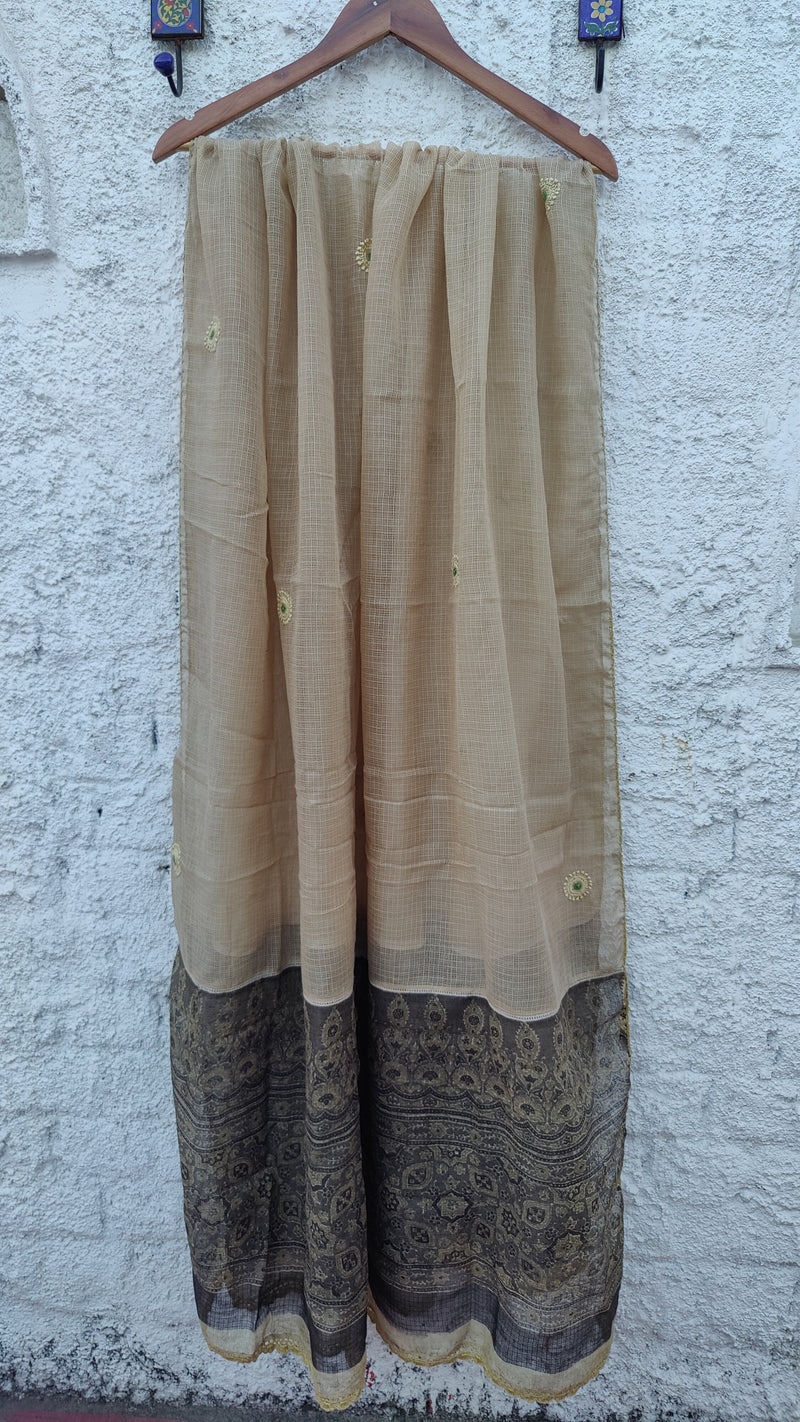 BEIGE KOTA CHIKANKARI DUPATTA WITH AZRAK PALLA