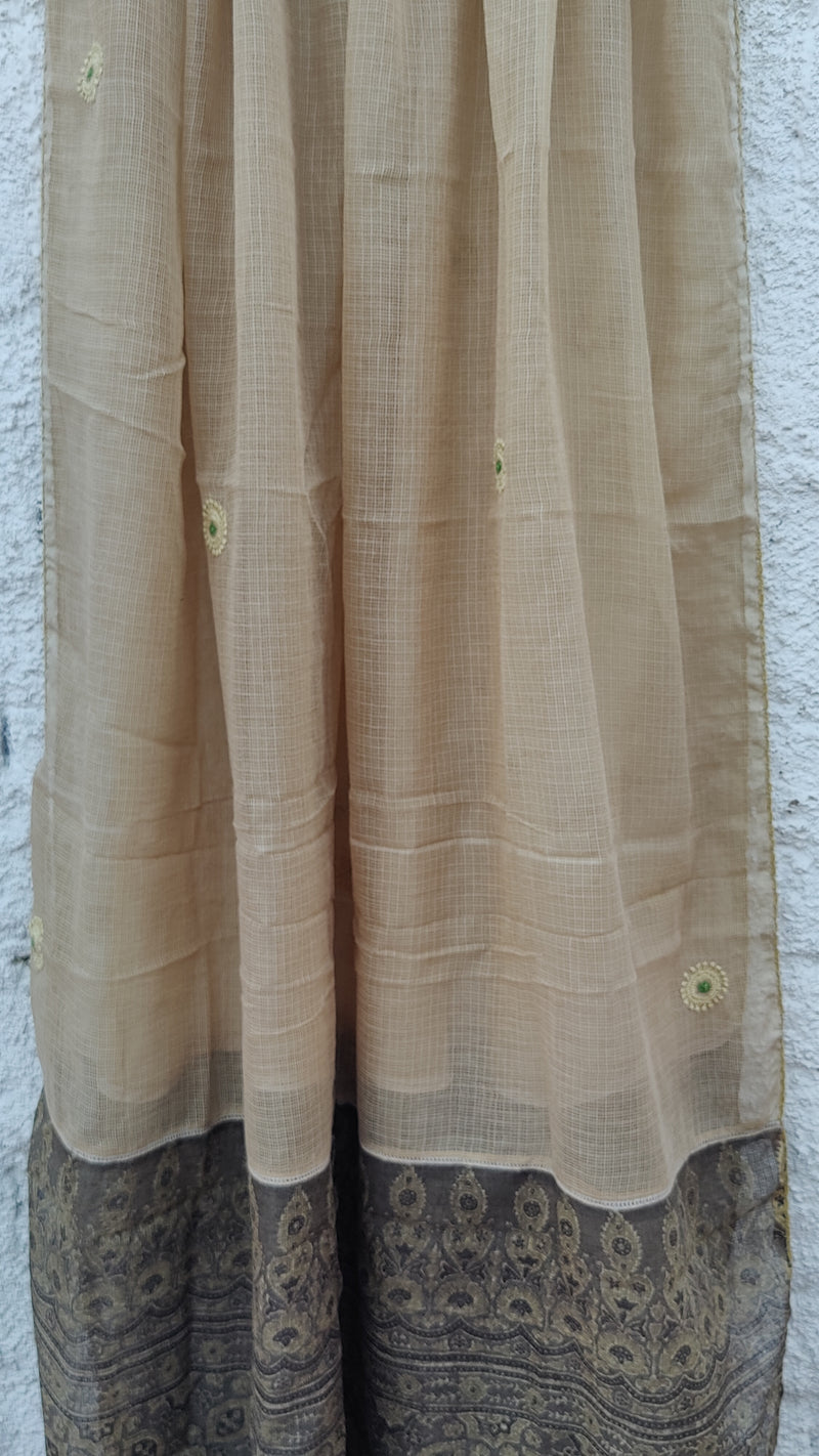 BEIGE KOTA CHIKANKARI DUPATTA WITH AZRAK PALLA