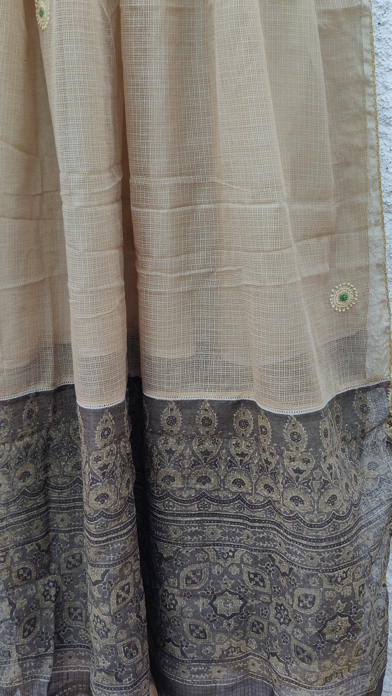 BEIGE KOTA CHIKANKARI DUPATTA WITH AZRAK PALLA