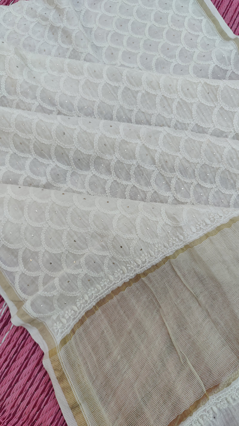 NATURAL CHANDERI CHIKANKARI JAAL DUPATTA - ROUND PATTERN ( DYEBLE)