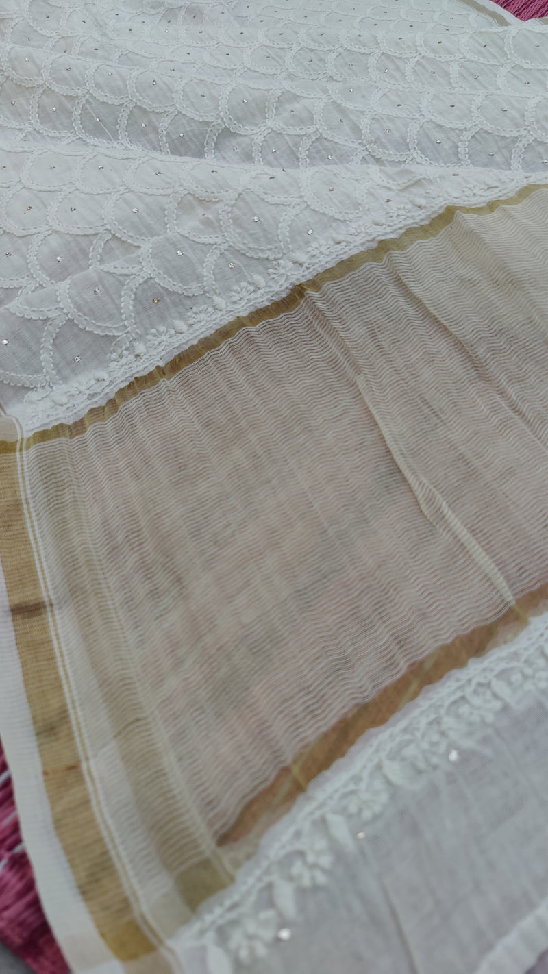 NATURAL CHANDERI CHIKANKARI JAAL DUPATTA - ROUND PATTERN ( DYEBLE)