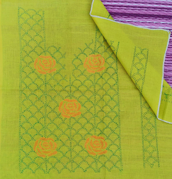 AVOCADO GREEN MANGALGIRI COTTON CHIKANKARI YOKE & SLEEVES