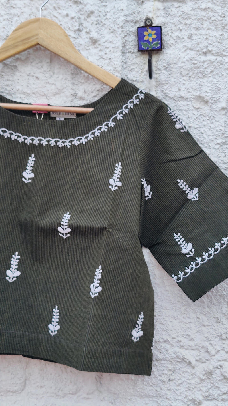 OLIVE & BLACK STRIPS MANGALGIRI CHIKANKARI BLOUSE