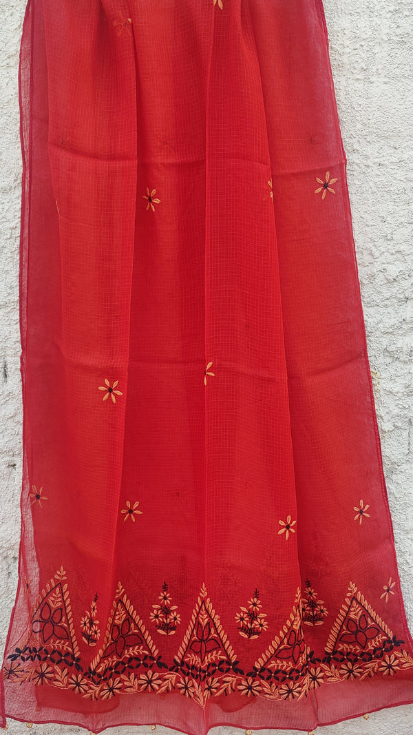 CHERRY RED KOTA DUPATTA WITH 'DO TAAR' CHIKANKARI