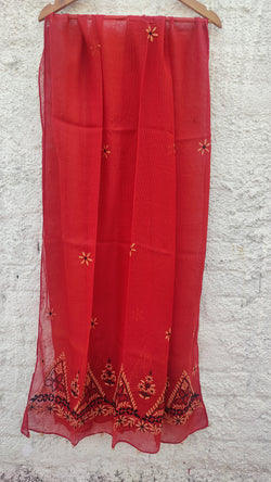 CHERRY RED KOTA DUPATTA WITH 'DO TAAR' CHIKANKARI