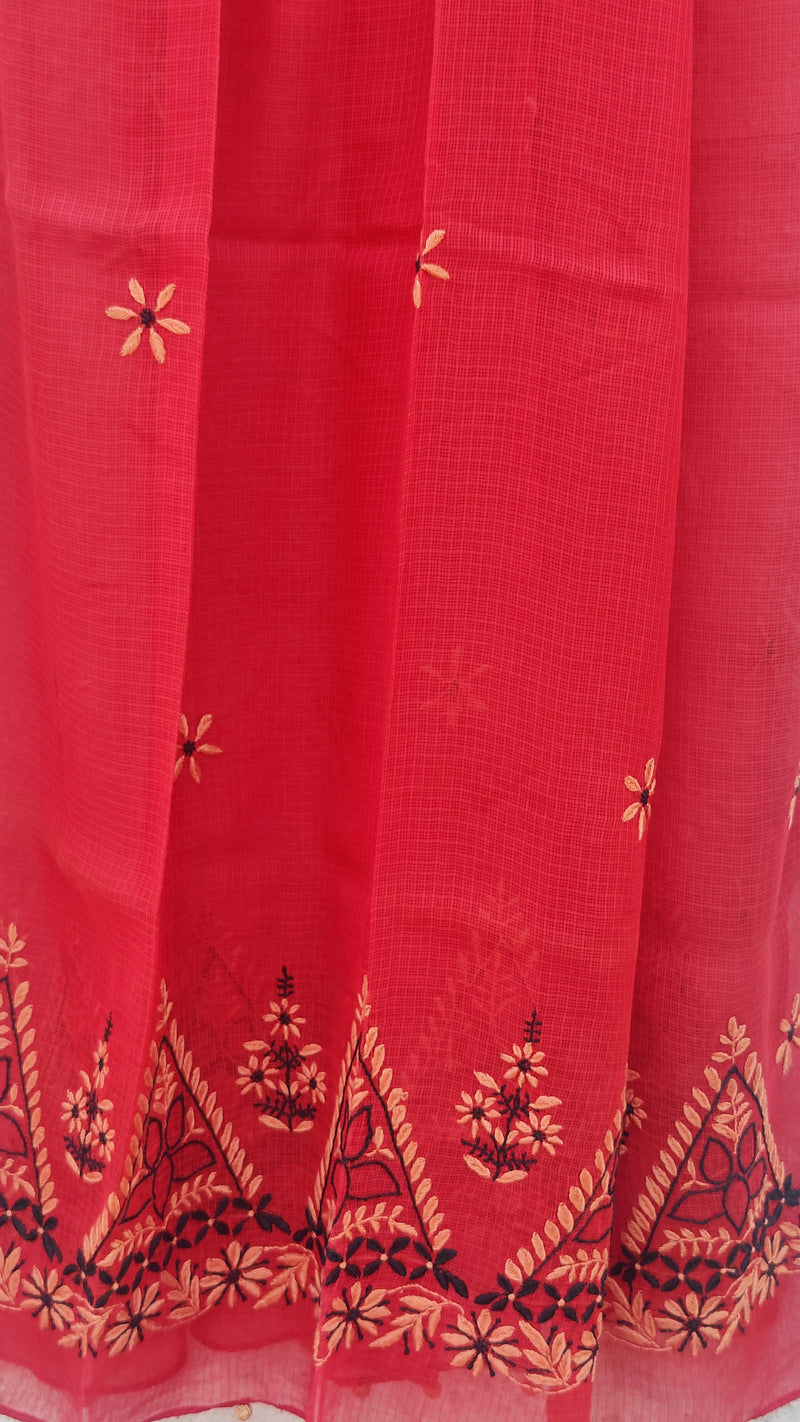 CHERRY RED KOTA DUPATTA WITH 'DO TAAR' CHIKANKARI