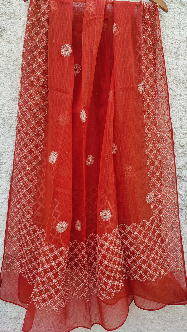 RED OXIDE  KOTA DUPATTA WITH CHIKANKARI