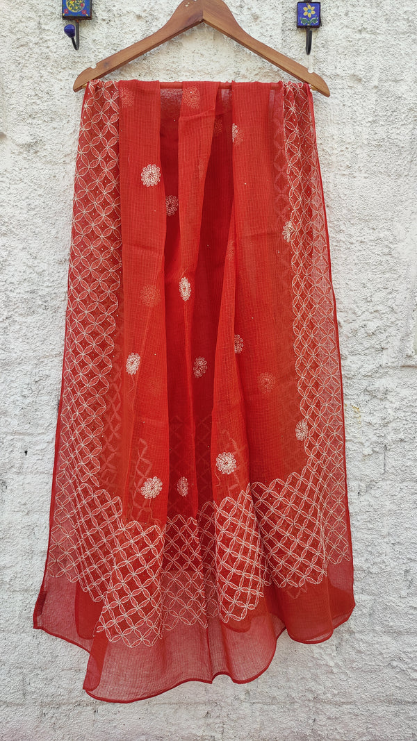 RED OXIDE  KOTA DUPATTA WITH CHIKANKARI