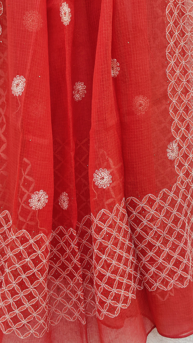 RED OXIDE  KOTA DUPATTA WITH CHIKANKARI