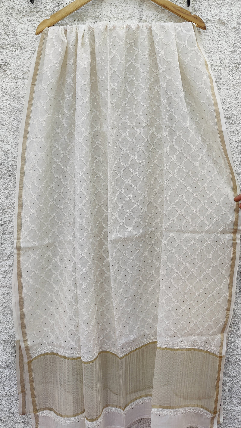 NATURAL CHANDERI CHIKANKARI JAAL DUPATTA - ROUND PATTERN ( DYEBLE)