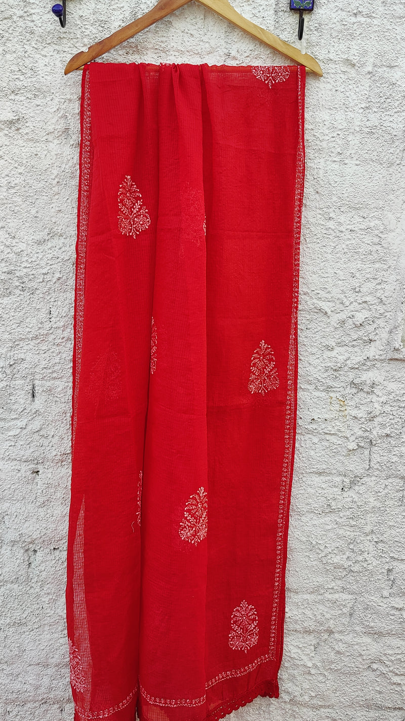 RED KOTA LEHERIYA KURTA WITH KOTA TEPCHI DUPATTA