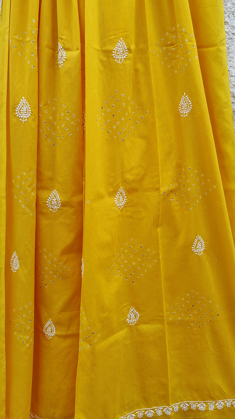 BUTTER YELLOW MULMUL DUPATTA WITH BANDHINI & CHIKANKARI