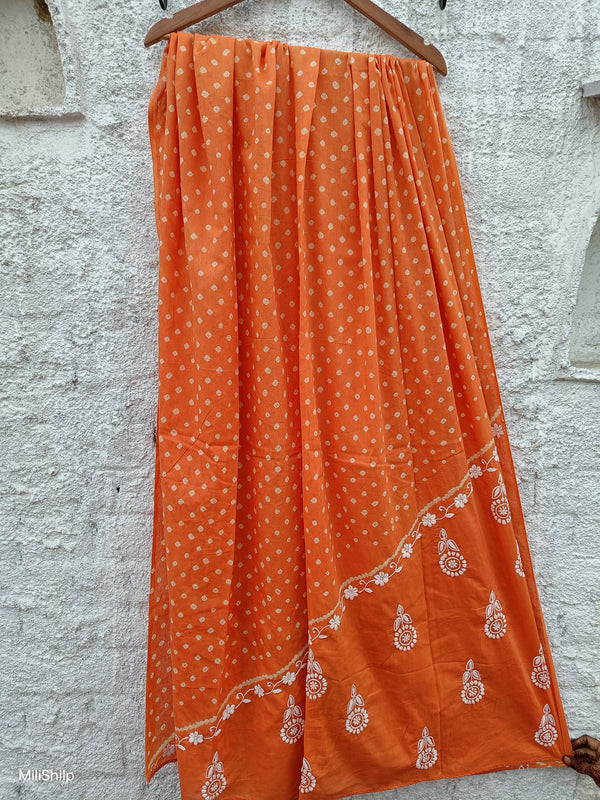 ORANGE MULMUL DUPATTA WITH BANDHINI & CHIKANKARI