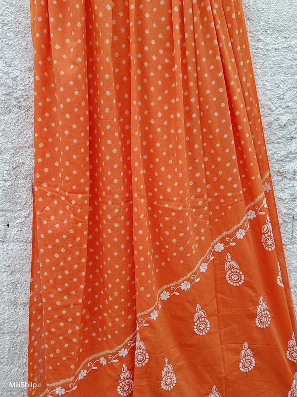 ORANGE MULMUL DUPATTA WITH BANDHINI & CHIKANKARI