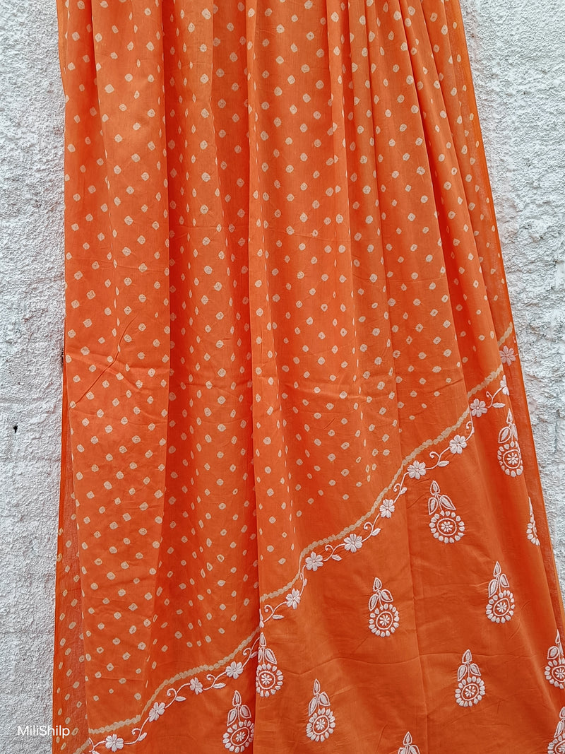 ORANGE MULMUL DUPATTA WITH BANDHINI & CHIKANKARI