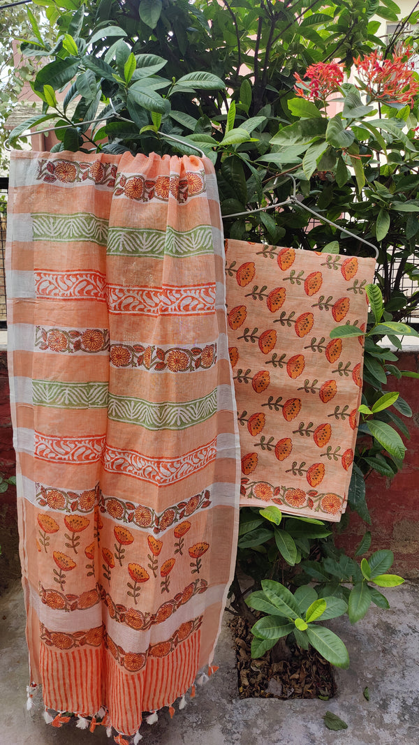 FANTA ORANGE PURE LINEN HAND BLOCK KURTA DUPATTA