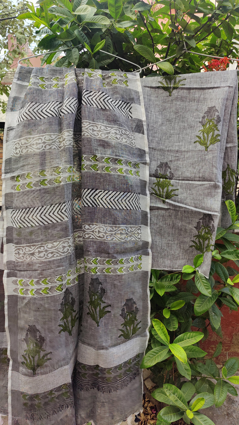 ASH GREY PURE LINEN HAND BLOCK KURTA DUPATTA