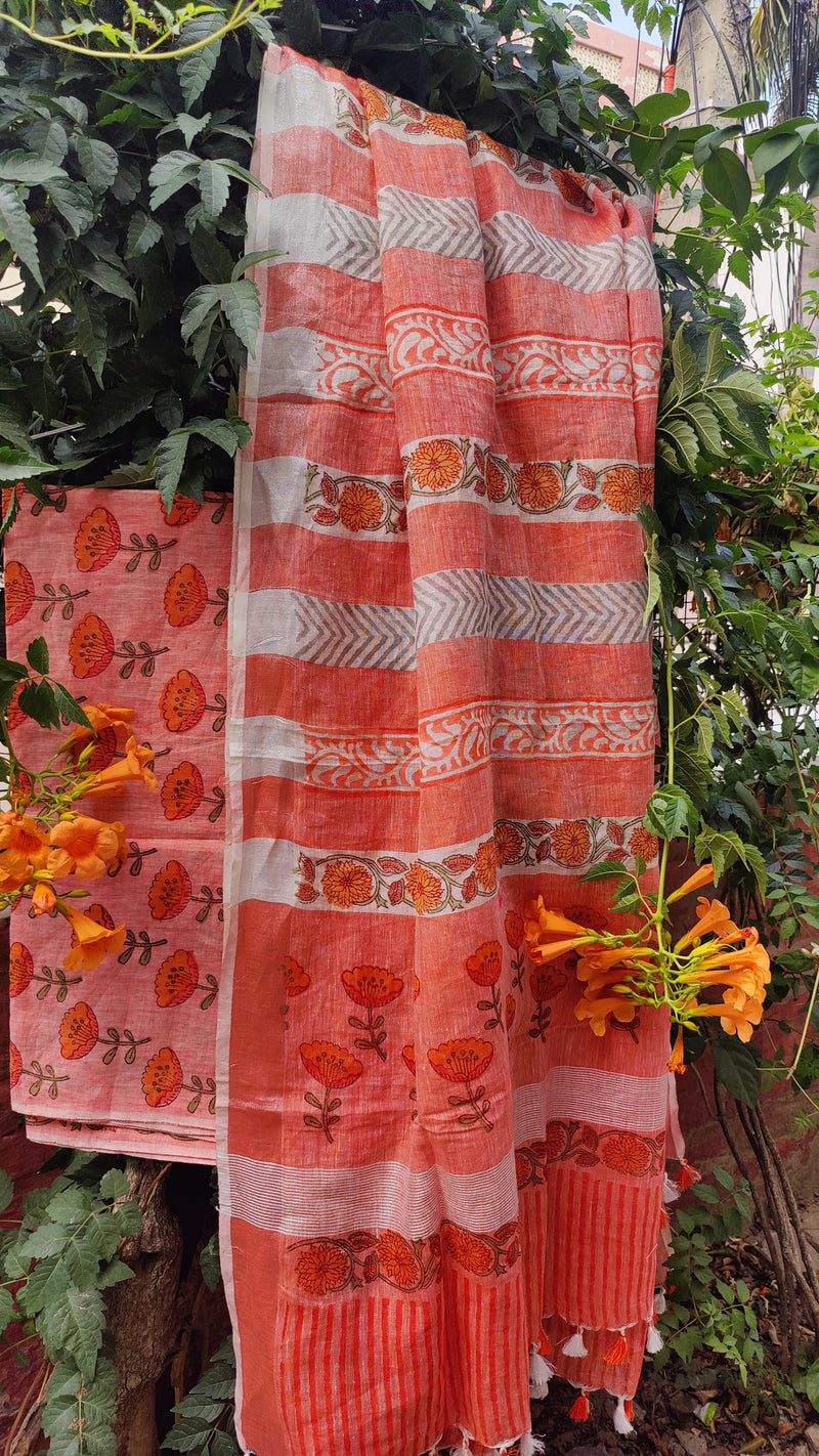 DARK PEACH PURE LINEN HAND BLOCK KURTA DUPATTA