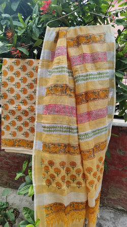 SAFFRON YELLOW PURE LINEN HAND BLOCK KURTA DUPATTA