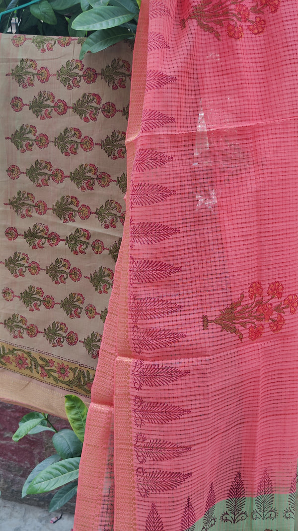 DARK PEACH MANGALGIRI COTTON HAND BLOCK PRINT 3 PC SET