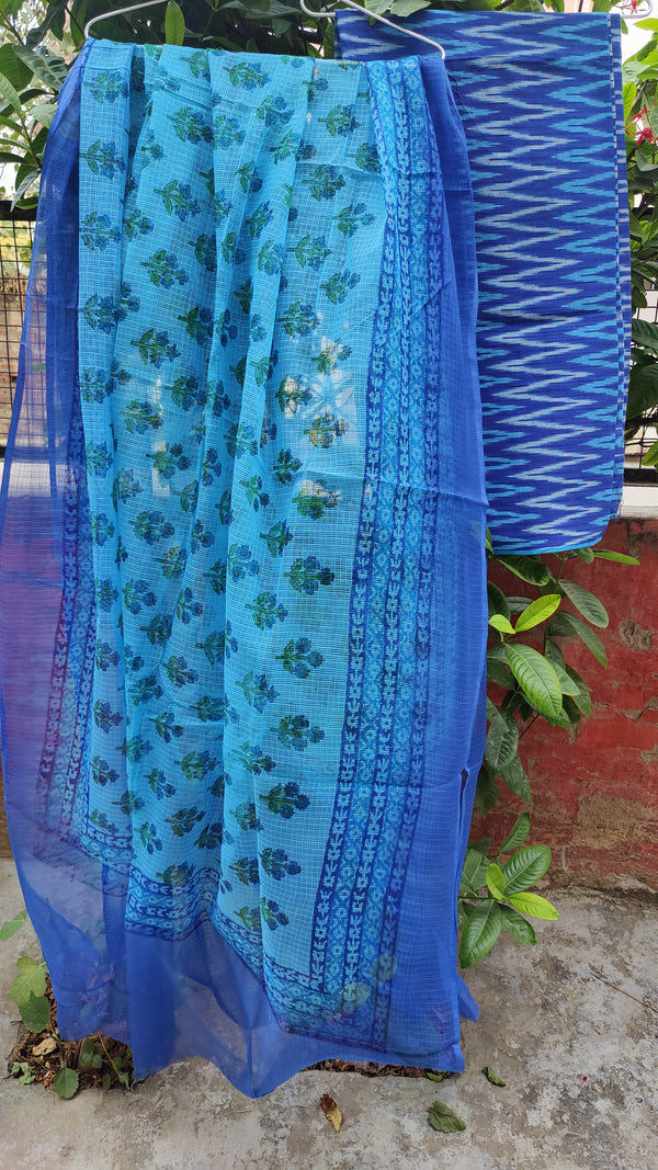 ROYAL BLUE IKKAT COTTON KURTA WITH KOTA HAND BLOCK PRINT DUPATTA