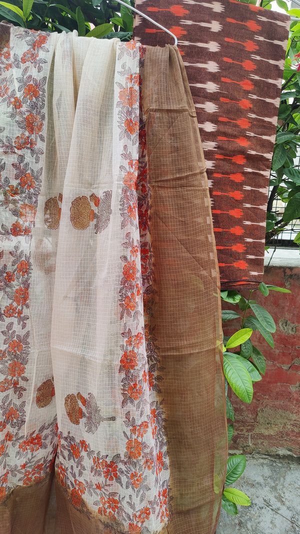 SADDLE BROWN IKKAT COTTON KURTA WITH KOTA HAND BLOCK PRINT DUPATTA