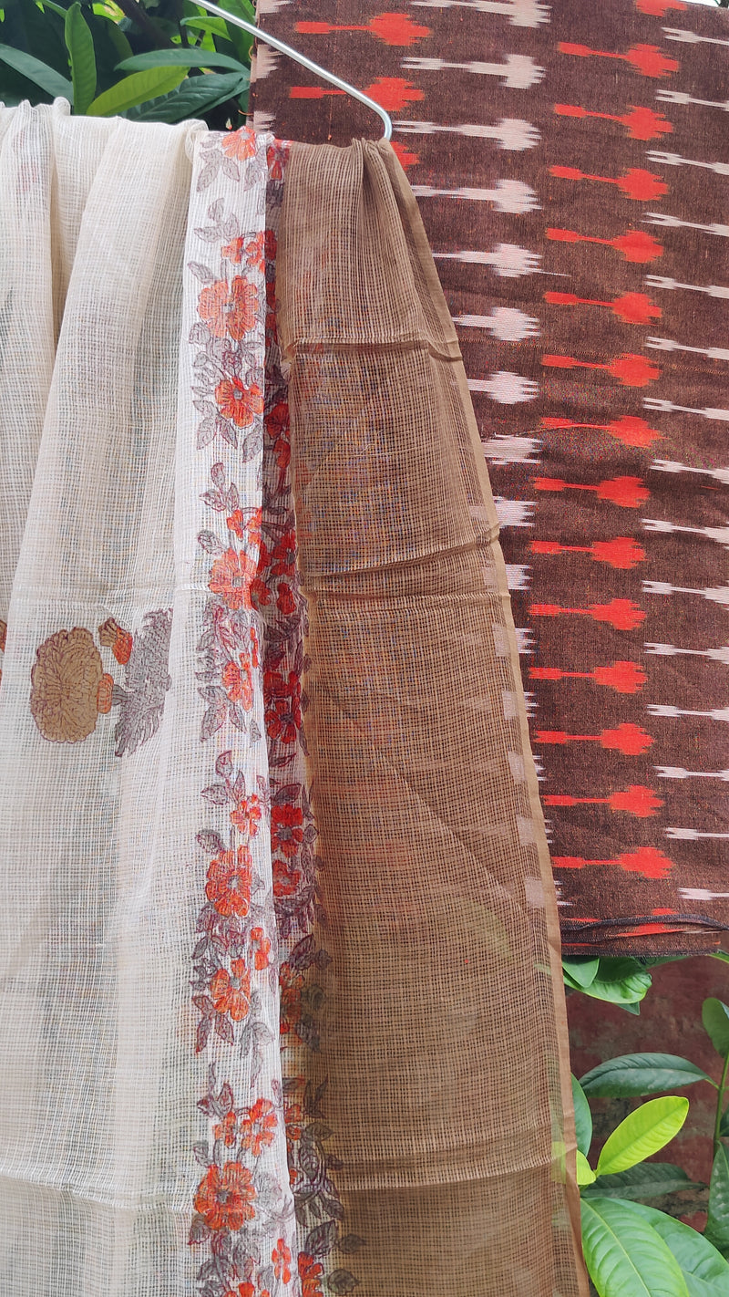 SADDLE BROWN IKKAT COTTON KURTA WITH KOTA HAND BLOCK PRINT DUPATTA