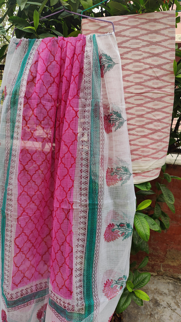 WHITE PINK IKKAT COTTON KURTA WITH KOTA HAND BLOCK PRINT DUPATTA